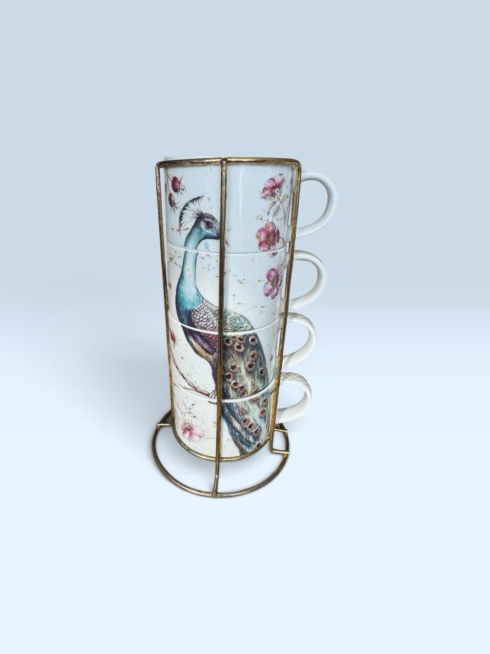 Prima Design Peacock Pattern Stacking Mug Set in Wire Metal Stand Holder